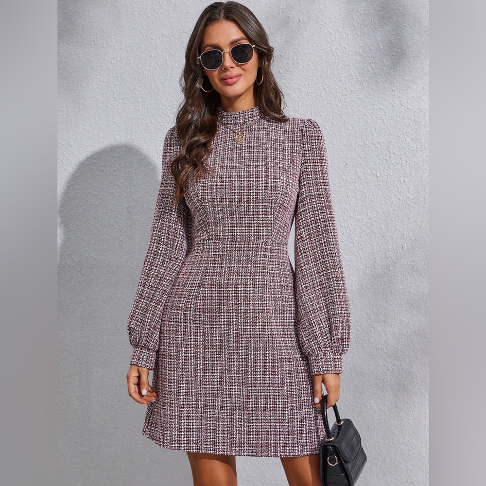 SHEIN Women's Long Sleeve Tweed Dress - Purple and White